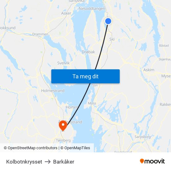 Kolbotnkrysset to Barkåker map