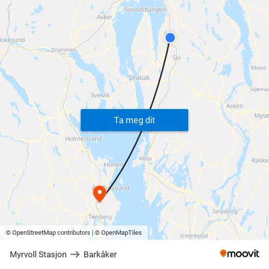 Myrvoll Stasjon to Barkåker map
