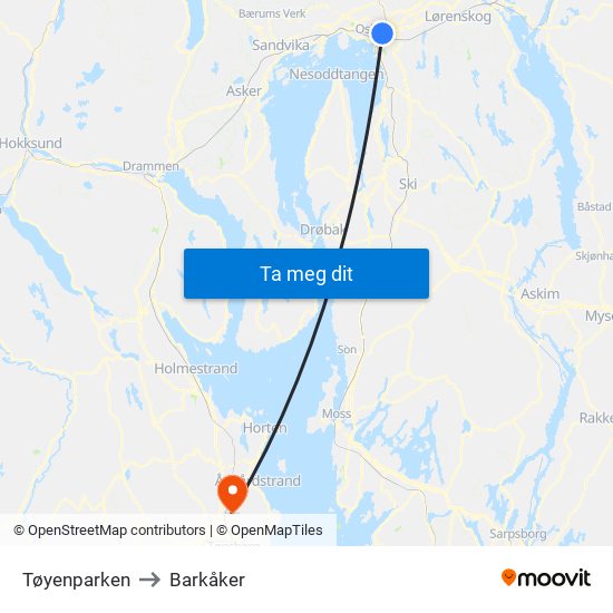 Tøyenparken to Barkåker map