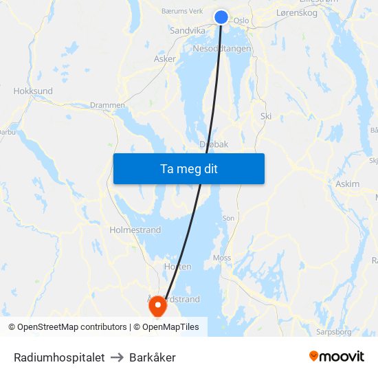 Radiumhospitalet to Barkåker map
