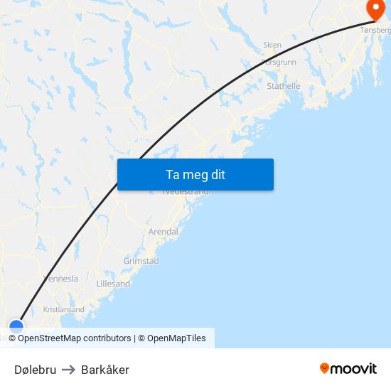 Dølebru to Barkåker map