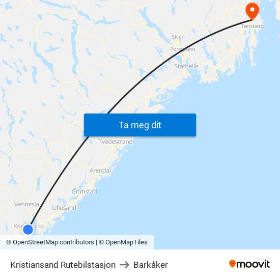 Kristiansand Rutebilstasjon to Barkåker map