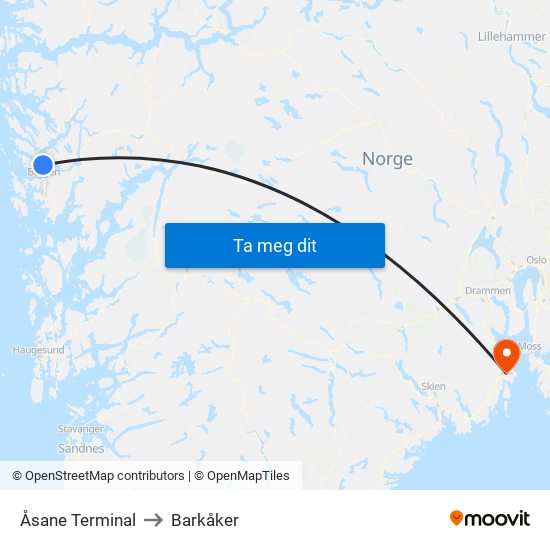 Åsane Terminal to Barkåker map