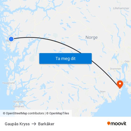 Gaupås Kryss to Barkåker map