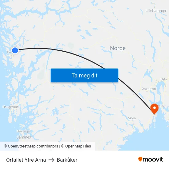 Orfallet Ytre Arna to Barkåker map