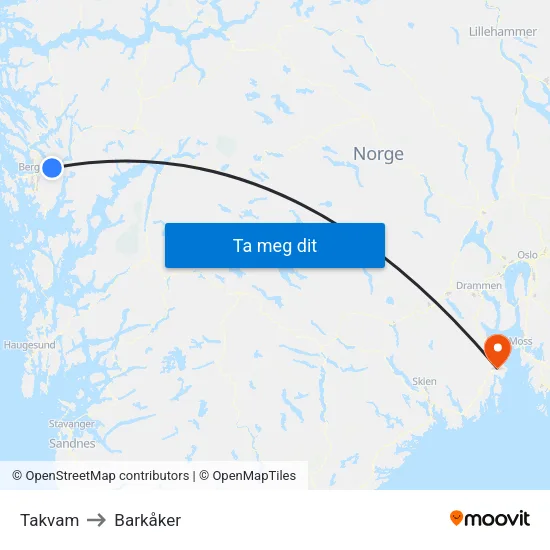 Takvam to Barkåker map