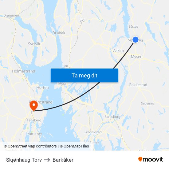 Skjønhaug Torv to Barkåker map