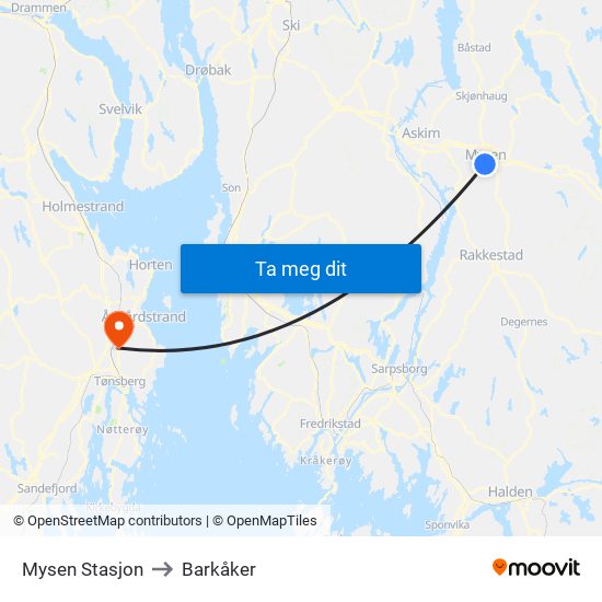 Mysen Stasjon to Barkåker map