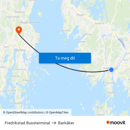 Fredrikstad Bussterminal to Barkåker map