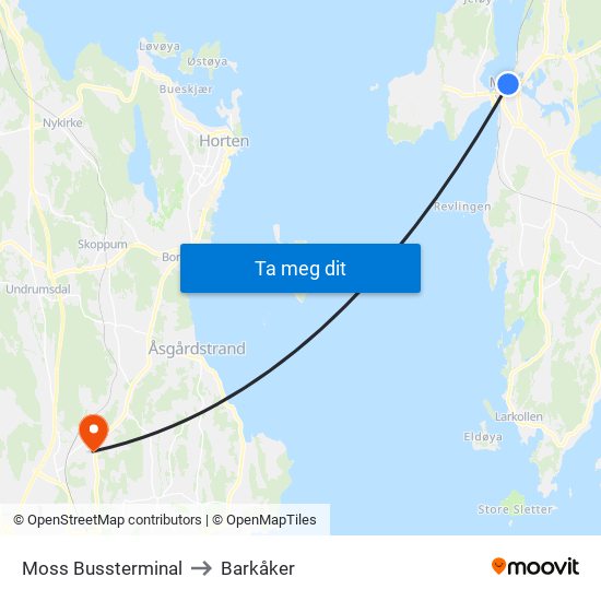 Moss Bussterminal to Barkåker map
