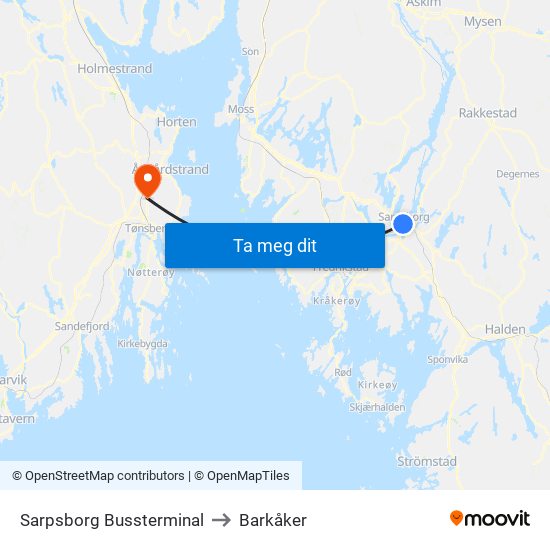 Sarpsborg Bussterminal to Barkåker map