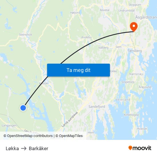Løkka to Barkåker map