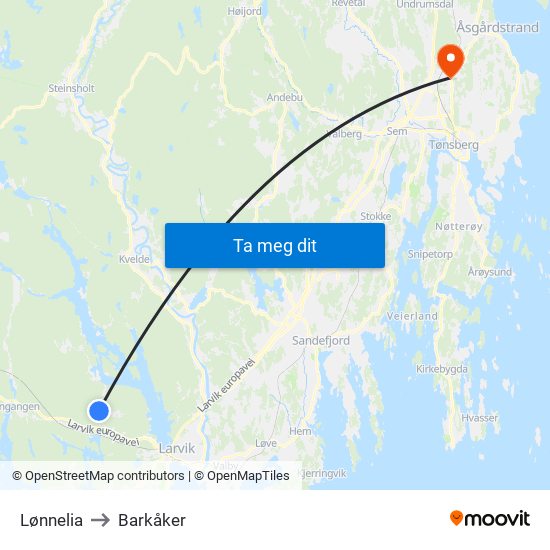 Lønnelia to Barkåker map