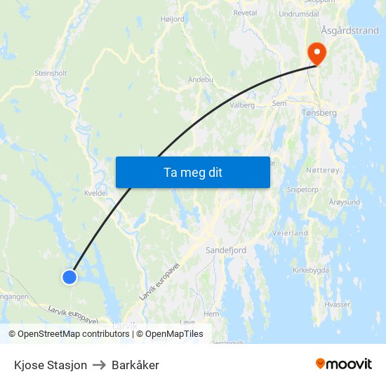 Kjose Stasjon to Barkåker map