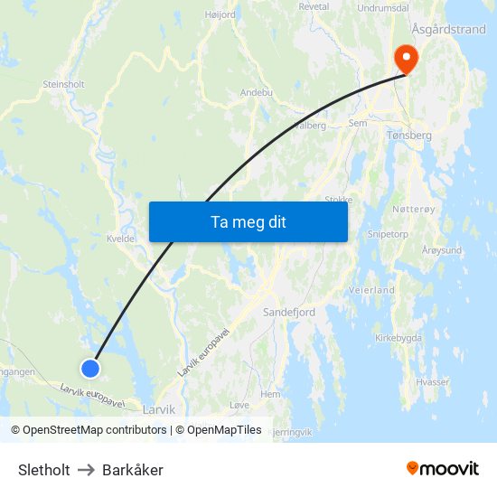 Sletholt to Barkåker map