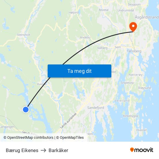 Bærug Eikenes to Barkåker map