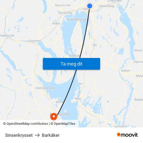 Sinsenkrysset to Barkåker map