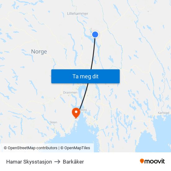 Hamar Skysstasjon to Barkåker map