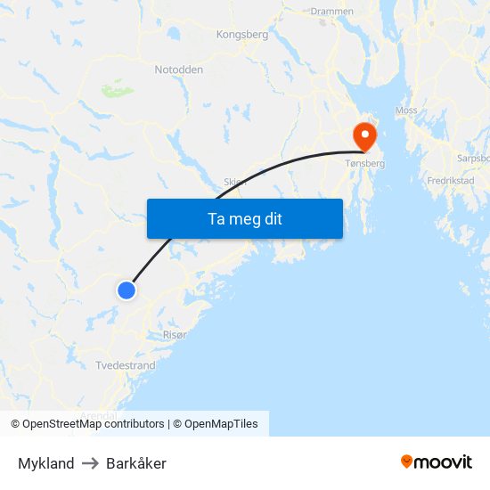 Mykland to Barkåker map