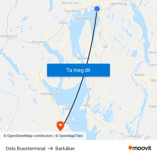 Oslo Bussterminal to Barkåker map