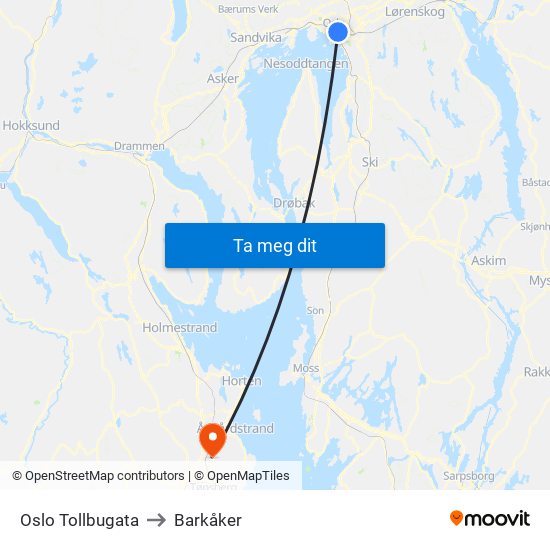 Oslo Tollbugata to Barkåker map