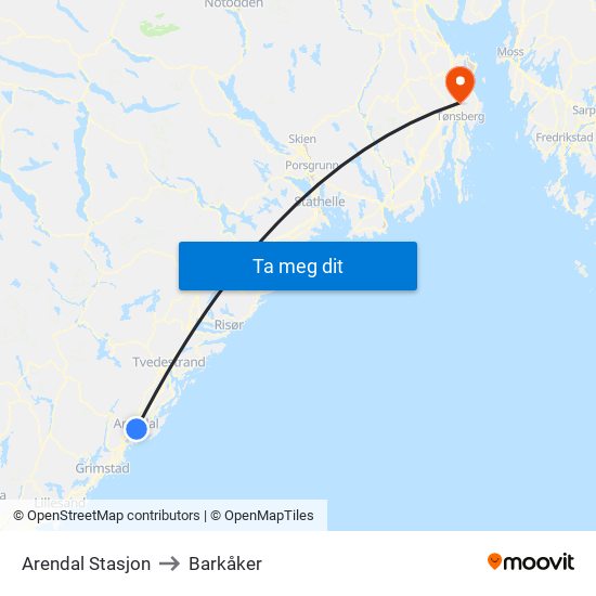 Arendal Stasjon to Barkåker map