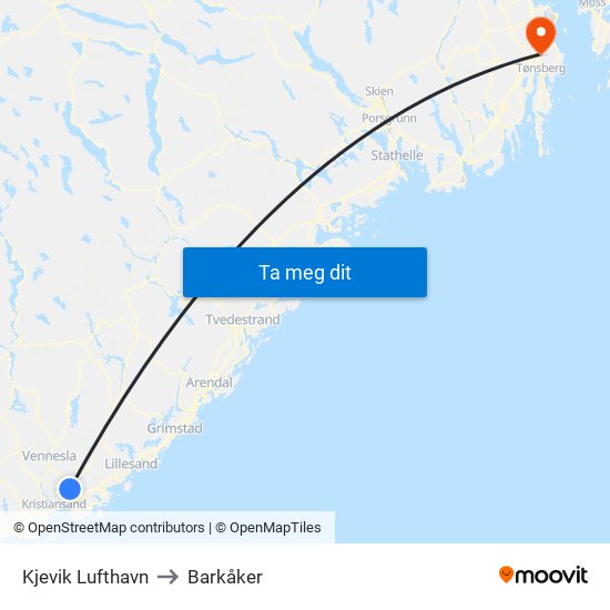 Kjevik Lufthavn to Barkåker map