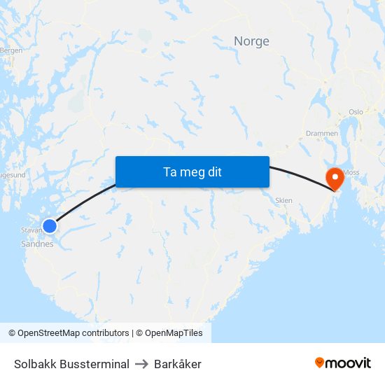 Solbakk Bussterminal to Barkåker map