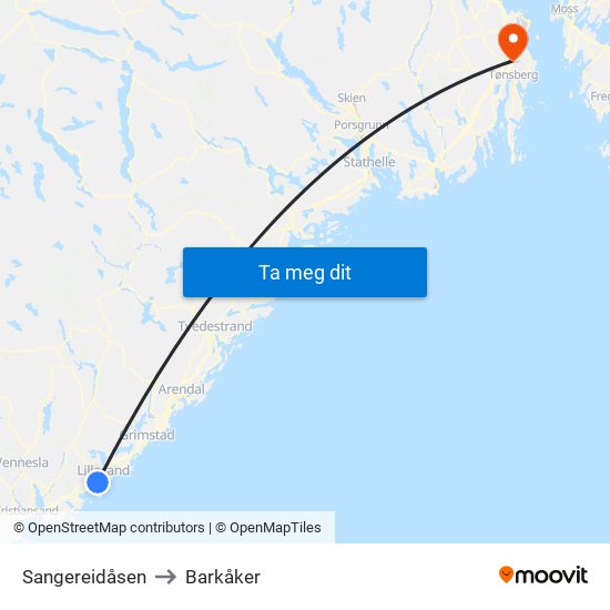 Sangereidåsen to Barkåker map