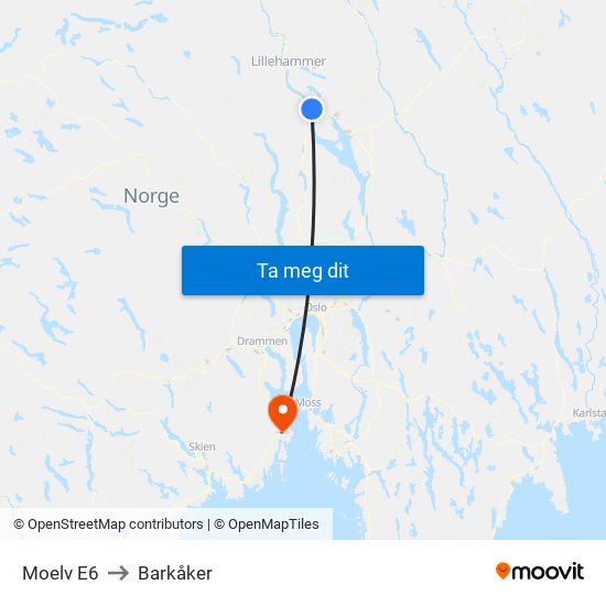 Moelv E6 to Barkåker map