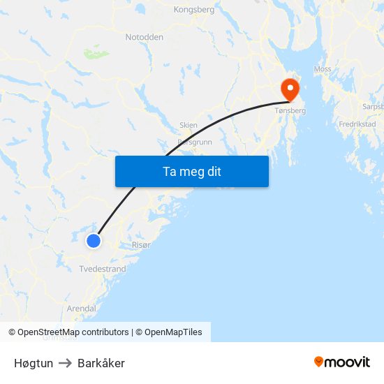 Høgtun to Barkåker map