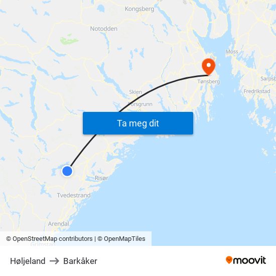 Høljeland to Barkåker map