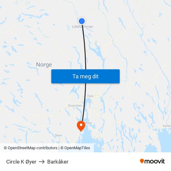 Circle K Øyer to Barkåker map