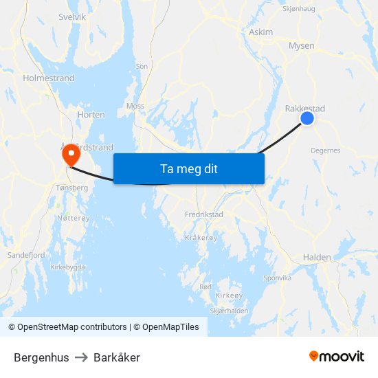 Bergenhus to Barkåker map