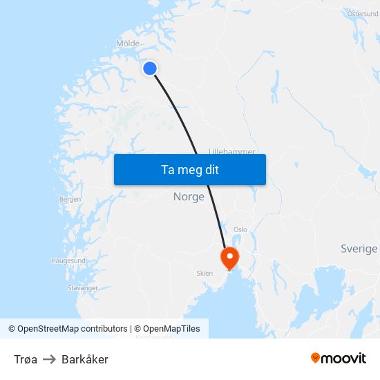 Trøa to Barkåker map