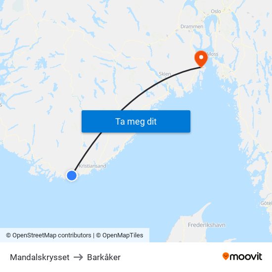Mandalskrysset to Barkåker map