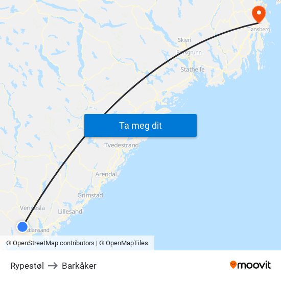 Rypestøl to Barkåker map