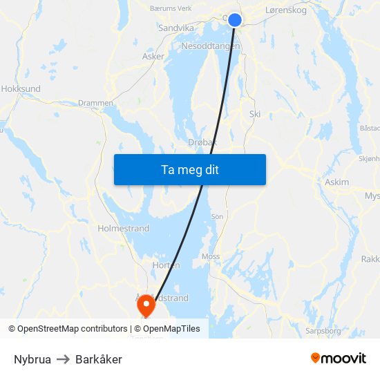 Nybrua to Barkåker map