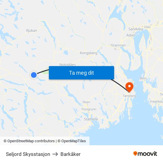 Seljord Skysstasjon to Barkåker map