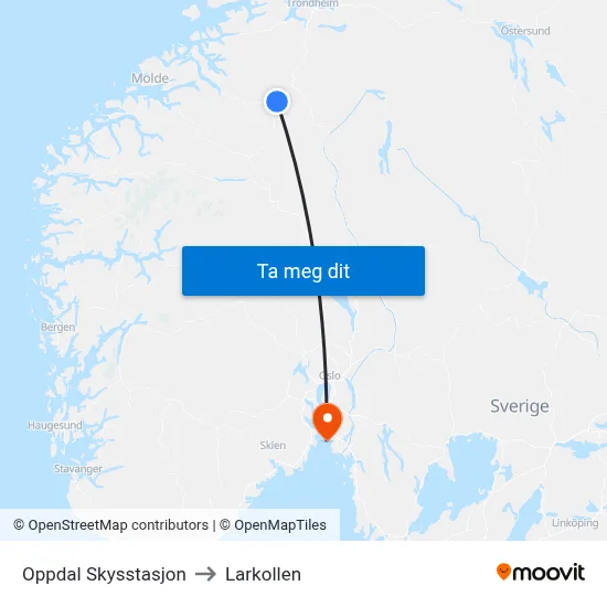 Oppdal Skysstasjon to Larkollen map
