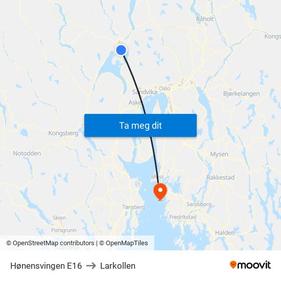 Hønensvingen E16 to Larkollen map