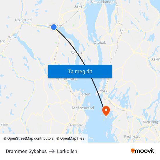 Drammen Sykehus to Larkollen map