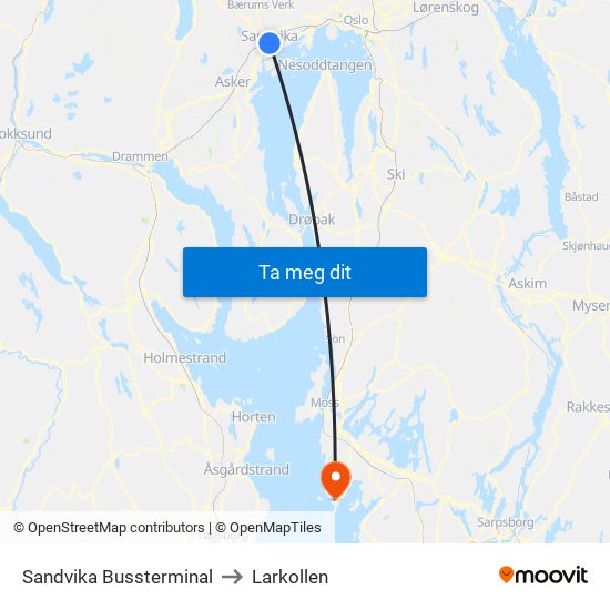 Sandvika Bussterminal to Larkollen map