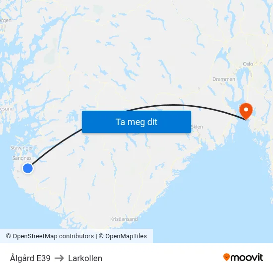 Ålgård E39 to Larkollen map