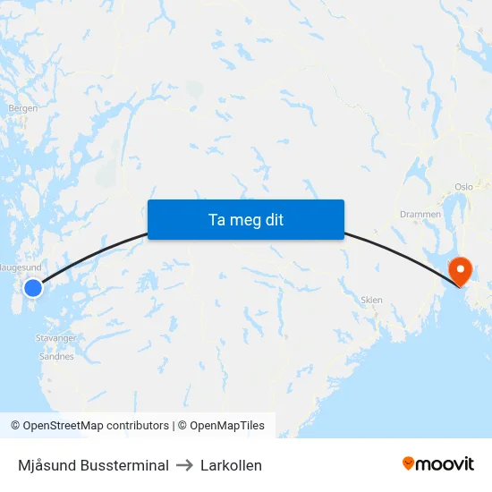 Mjåsund Bussterminal to Larkollen map
