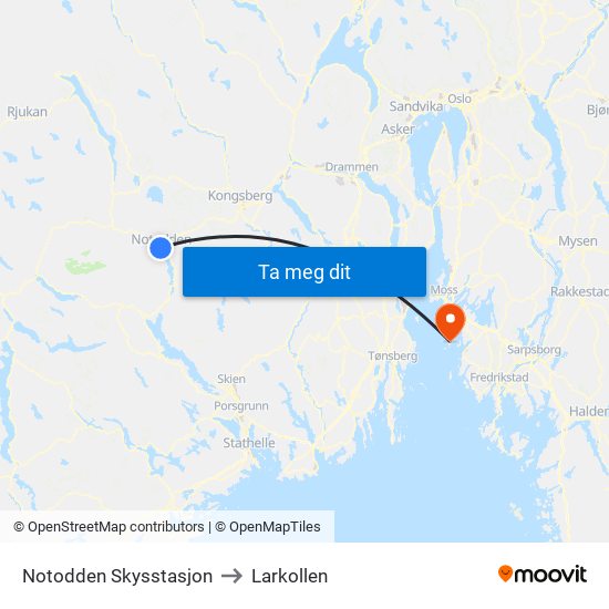 Notodden Skysstasjon to Larkollen map