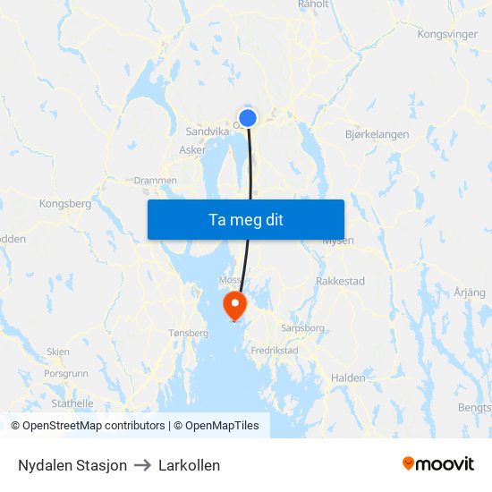 Nydalen Stasjon to Larkollen map