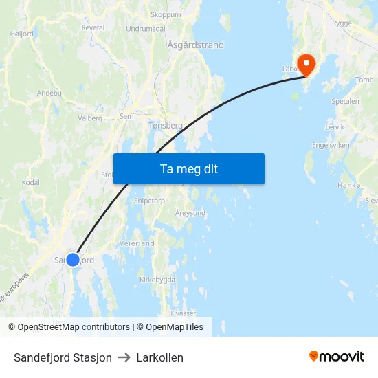 Sandefjord Stasjon to Larkollen map