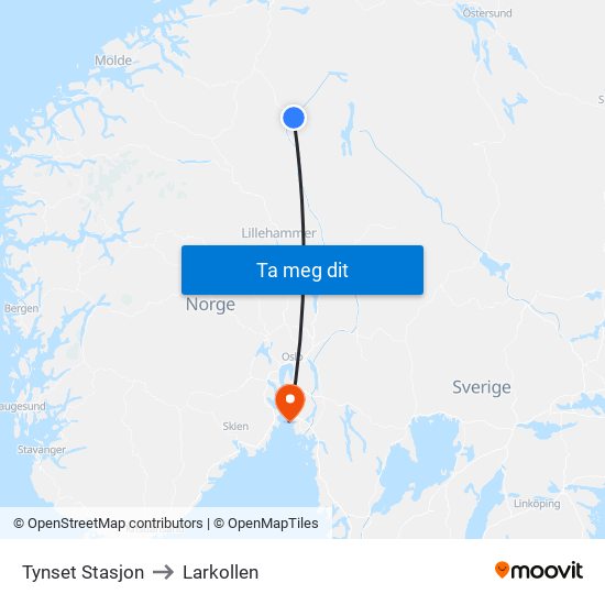 Tynset Stasjon to Larkollen map