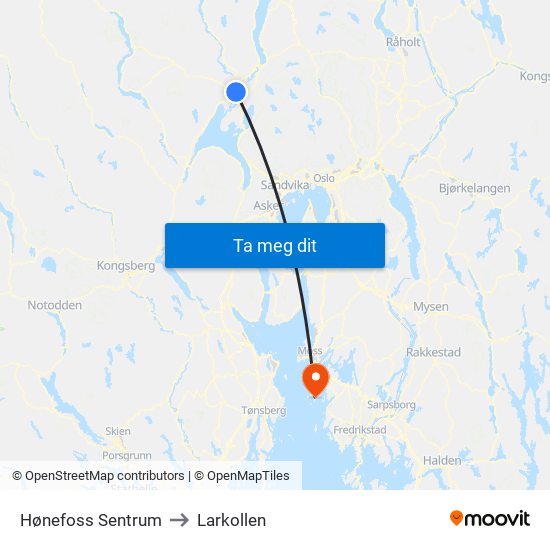 Hønefoss Sentrum to Larkollen map